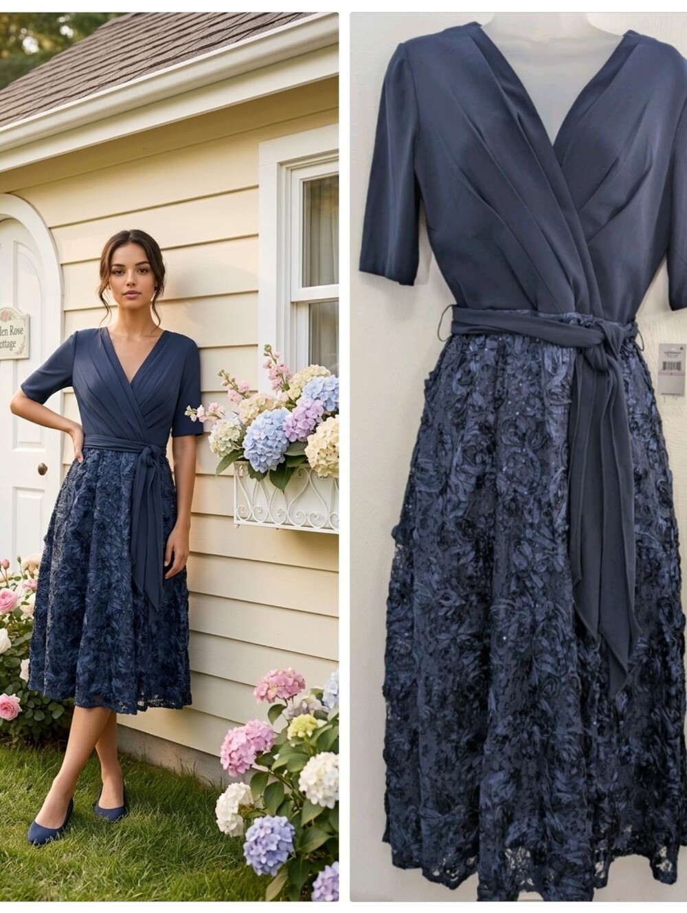 Alex Evenings Chic Short Sleeve Navy Dress Size 6 New